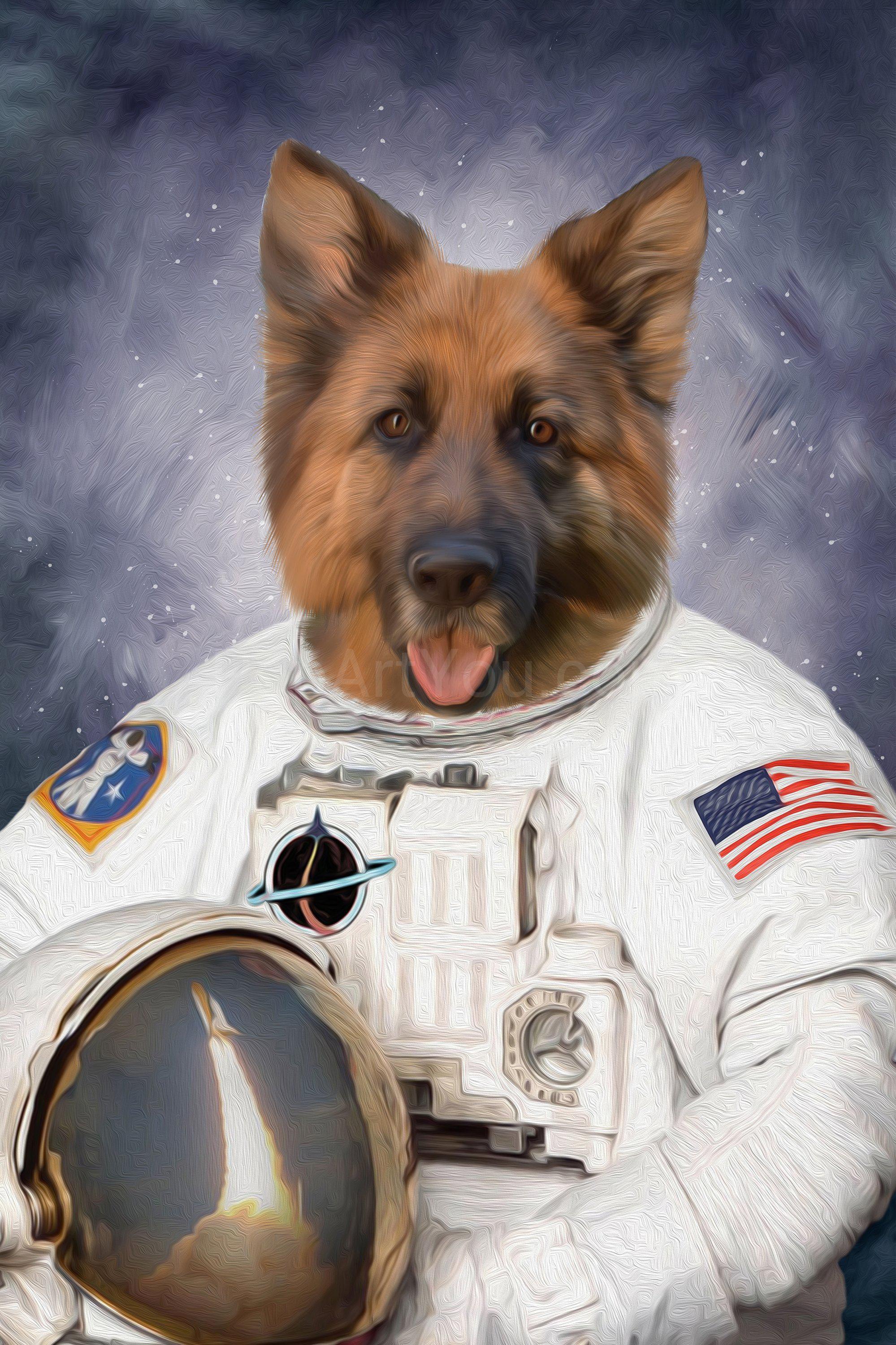 The portrait shows a dog with a human body dressed in an American astronaut costume