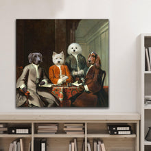 Load image into Gallery viewer, Portrait of four dogs with human bodies dressed in historical regal attires hangs on a white wall above a shelf with books
