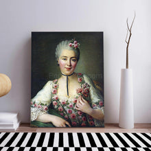 Load image into Gallery viewer, Portrait of a woman with gray hair wearing a royal floral dress stands on a wooden floor
