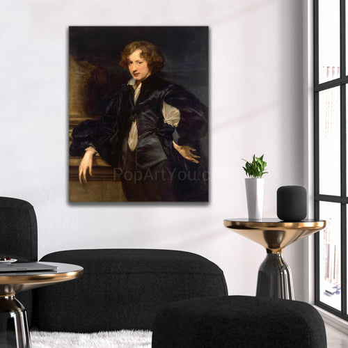 A portrait of a man dressed in renaissance attire hangs on a white wall