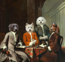Load image into Gallery viewer, The portrait shows four dogs with human bodies sitting at a table dressed in historical royal clothes
