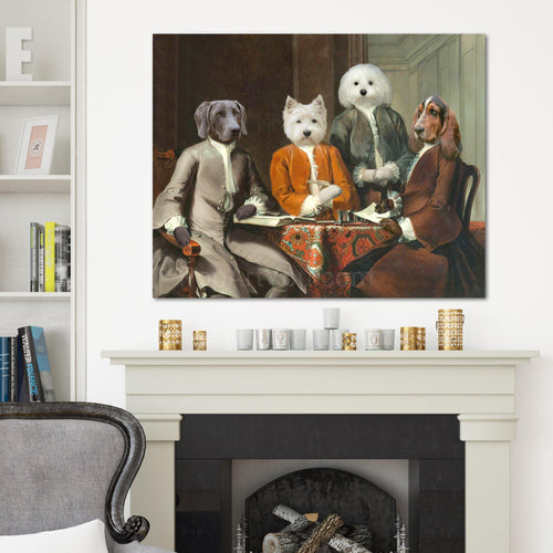 Portrait of four dogs with human bodies sitting at a table dressed in historical royal clothes hangs on a white wall above the fireplace