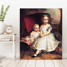 Load image into Gallery viewer, Portrait of two children dressed in white royal dresses stands on the wooden floor near the clock

