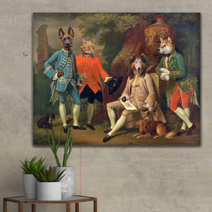 Portrait of three dogs and a cat with human bodies dressed in historical regal clothes standing in the forest hanging on a beige wall near cacti