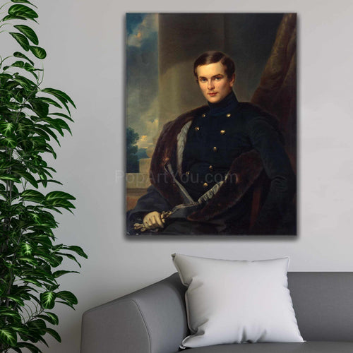 A portrait of a man dressed in renaissance attire hangs on a white wall next to a tree