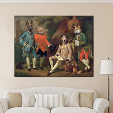 Load image into Gallery viewer, Portrait of three dogs and a cat with human bodies dressed in historical royal attires standing in the forest hanging on a beige near a sofa and a floor lamp
