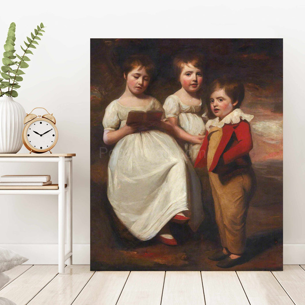 Portrait of three children dressed in historical royal clothes stands on a white wooden floor near the clock