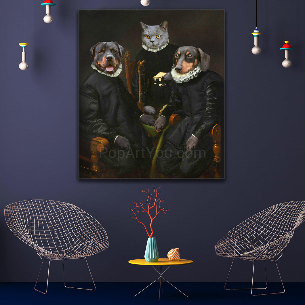 Portrait of two dogs and a cat with human bodies dressed in black royal attires hangs on a blue wall near two chairs