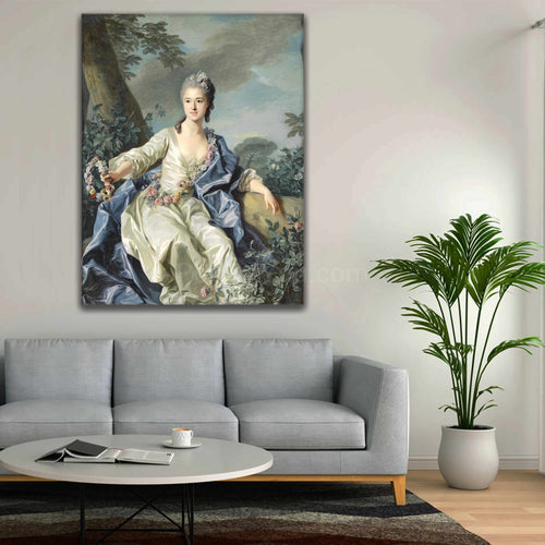 Portrait of a woman with gray hair dressed in royal clothes hangs on a white wall above the sofa