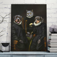 Load image into Gallery viewer, Portrait of two dogs and a cat with human bodies dressed in black regal clothes stands on a wooden shelf with books
