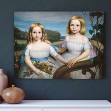 Load image into Gallery viewer, Portrait of two girls with blond hair dressed in white royal dresses hanging on a blue wall
