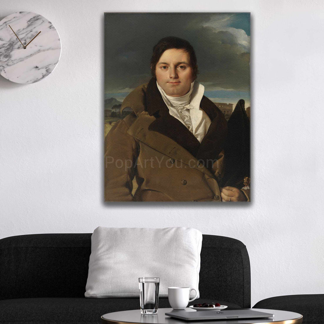 A portrait of a man dressed in a renaissance costume hangs on the white wall next to the clock