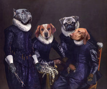 Load image into Gallery viewer, The portrait shows four dogs with human bodies dressed in purple regal attires
