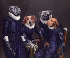 The portrait shows four dogs with human bodies dressed in purple regal attires