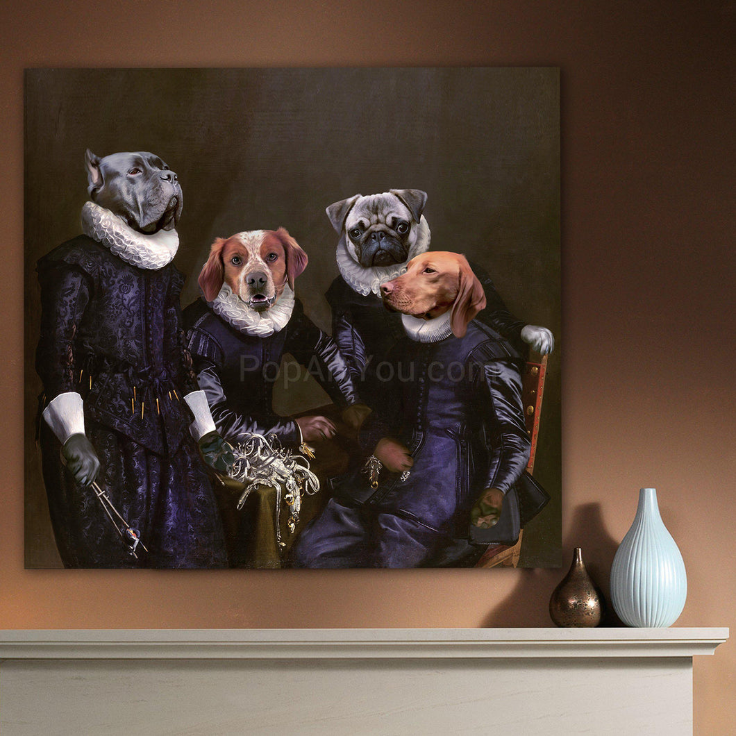 Portrait of four dogs with human bodies dressed in purple regal clothes hanging on a beige wall above a shelf with a vase
