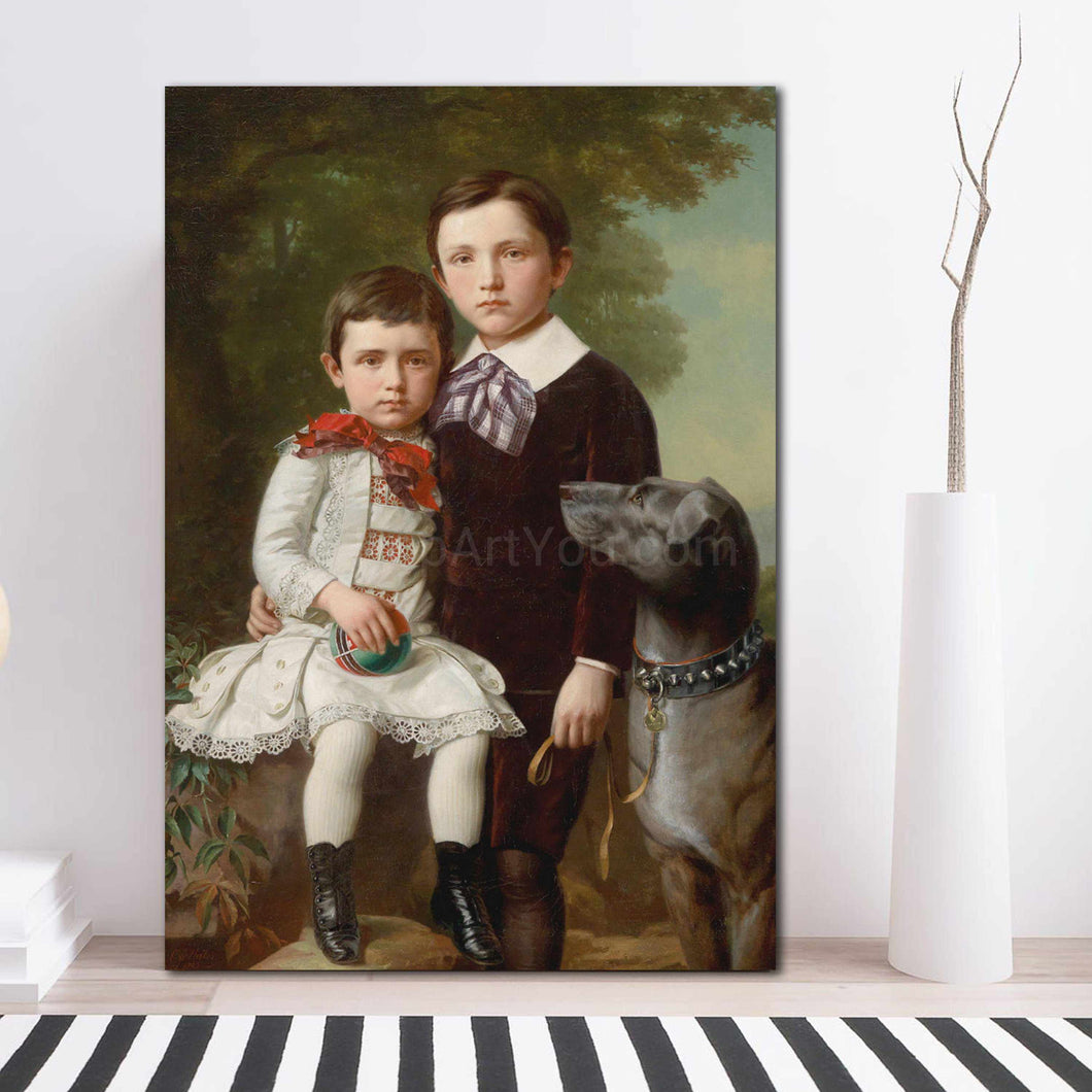 Portrait of two children dressed in historical regal attires standing near a dog standing on a wooden floor
