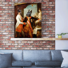Load image into Gallery viewer, Portrait of a pair of two dogs with human bodies dressed in red regal attires stands on a wooden shelf above a gray sofa
