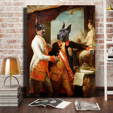 Load image into Gallery viewer, Portrait of a pair of two dogs with human bodies dressed in red royal clothes stands on a wooden floor near a red brick wall
