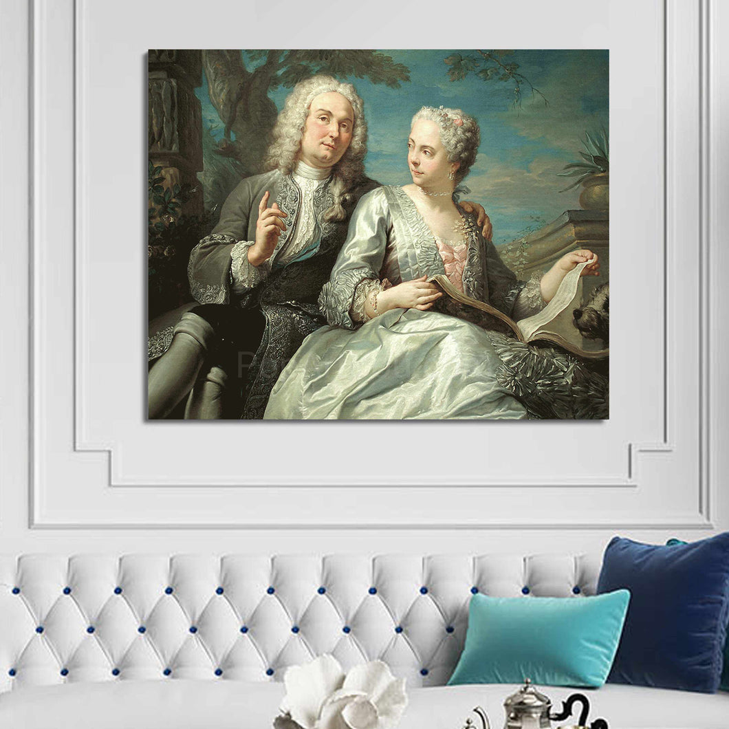 Portrait of a couple dressed in gray regal attires hanging on a white wall above the sofa