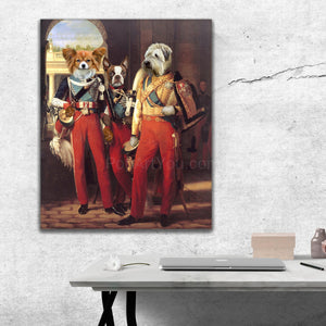 Portrait of three dogs with human bodies dressed in red royal attires hanging on the gray wall above the work table