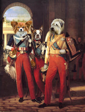 Load image into Gallery viewer, The portrait shows three dogs with human bodies dressed in red regal attires
