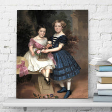 Load image into Gallery viewer, Portrait of two girls dressed in historical royal dresses stands on a white shelf near books
