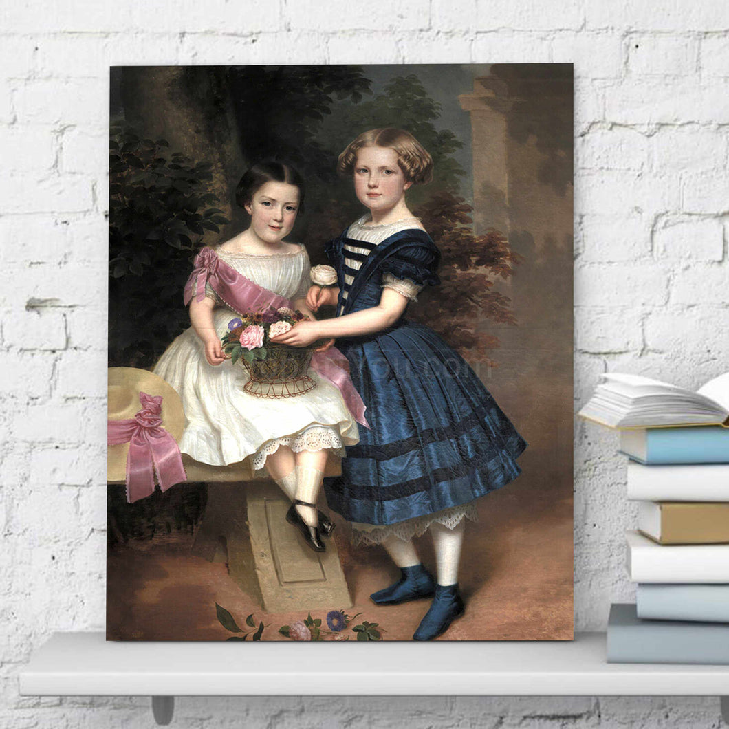 Portrait of two girls dressed in historical royal dresses stands on a white shelf near books