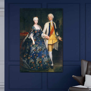 Portrait of a couple with white hair dressed in historical royal clothes hangs on the blue wall near the armchair
