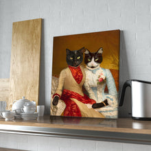 Load image into Gallery viewer, Portrait of two sisters dogs with human bodies dressed in historical regal dresses stands on a gray table near a kettle and other dishes
