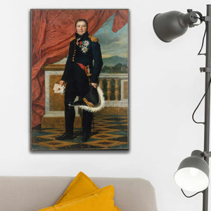 On the white wall next to the lamps hangs a portrait of a man dressed in renaissance clothes