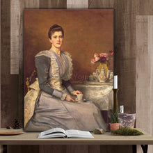 Load image into Gallery viewer, Portrait of a woman with dark hair dressed in regal attire stands on a wooden table next to a book
