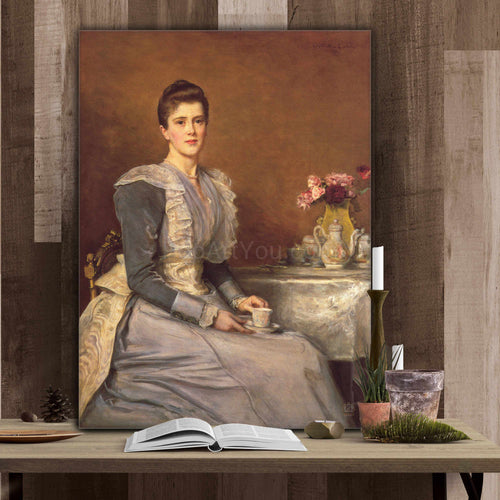 Portrait of a woman with dark hair dressed in regal attire stands on a wooden table next to a book