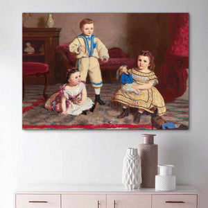 Portrait of three children dressed in historical regal attires hangs on a white wall above three vases