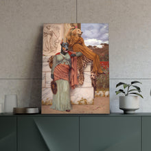 Load image into Gallery viewer, Portrait of two dogs with human bodies dressed in historical regal dresses stands on a green shelf near a flowerpot
