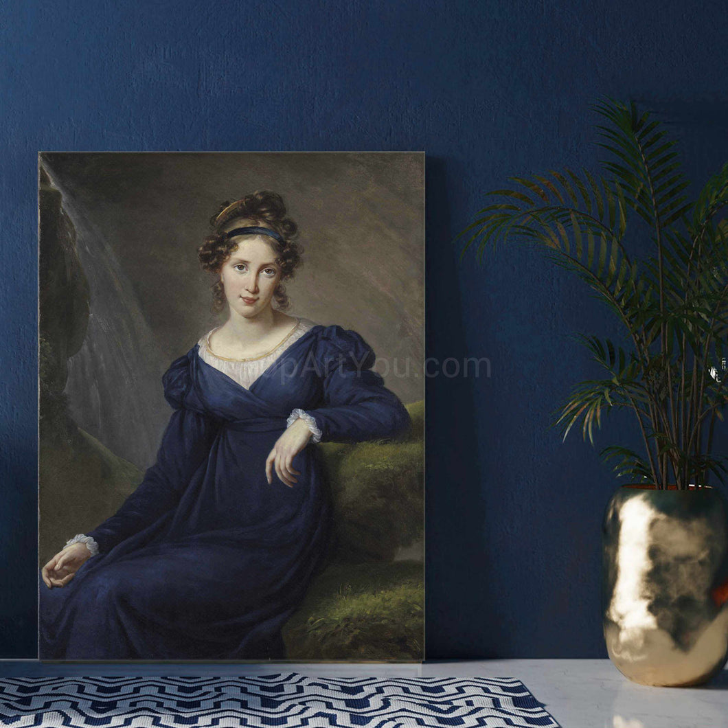 Portrait of a woman dressed in a blue royal dress stands on a white table next to a golden vase