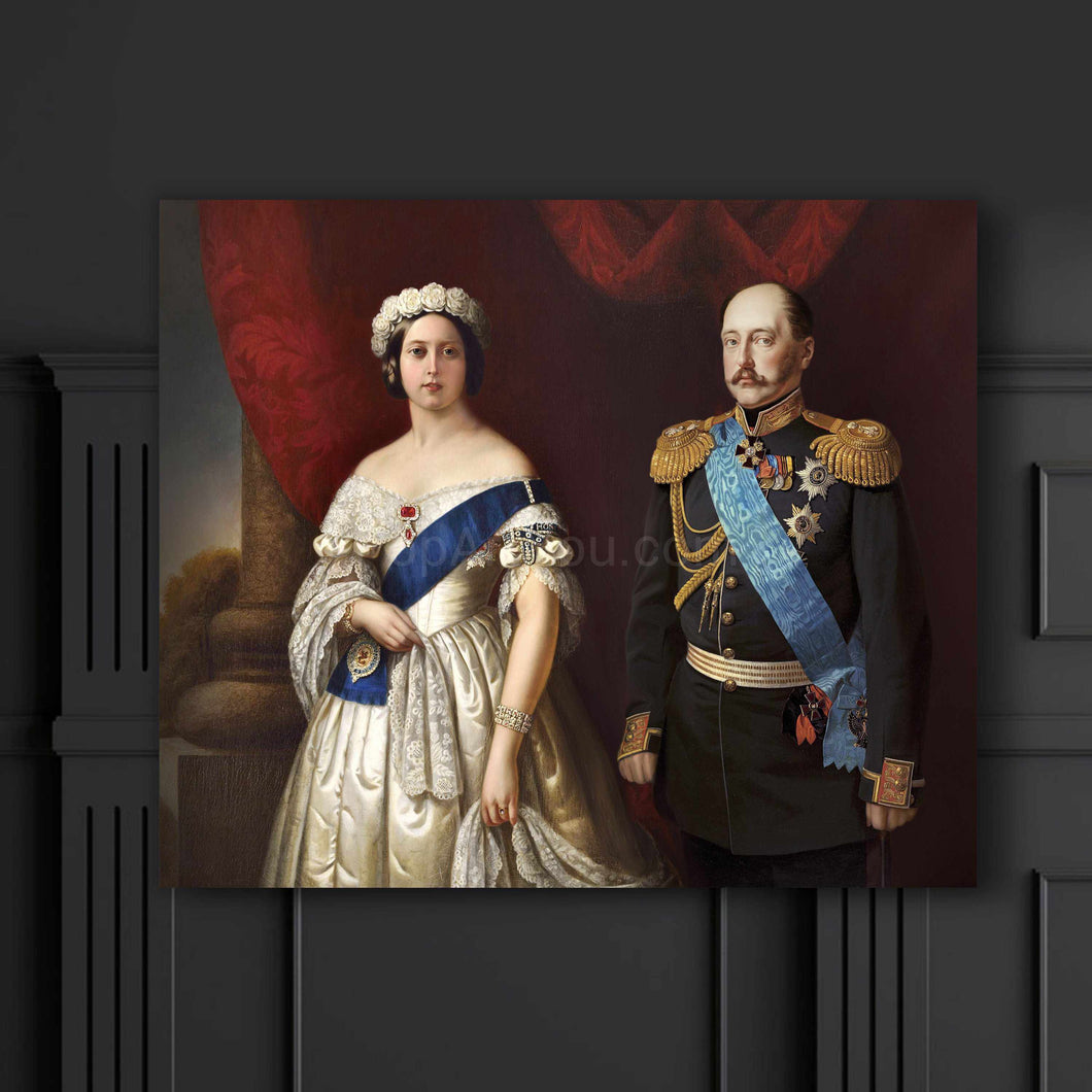 Portrait of a couple dressed in historical royal clothes standing near red curtains hanging on a black wall