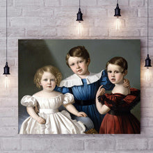 Load image into Gallery viewer, Portrait of three children dressed in historical royal dresses hangs on a white brick wall about four light bulbs
