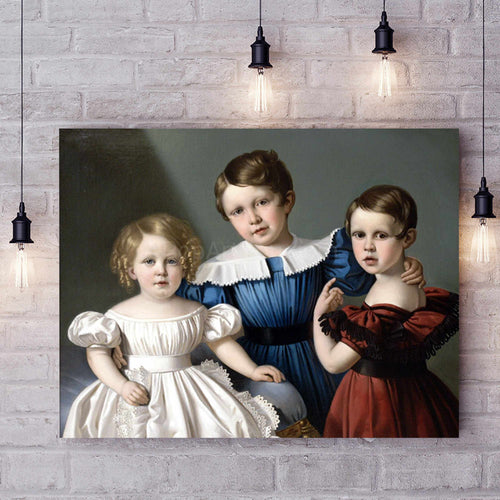 Portrait of three children dressed in historical royal dresses hangs on a white brick wall about four light bulbs