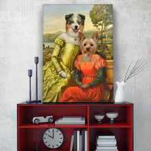 Load image into Gallery viewer, Portrait of two female friends dogs with human bodies dressed in historical royal dresses stands on a red table near the clock
