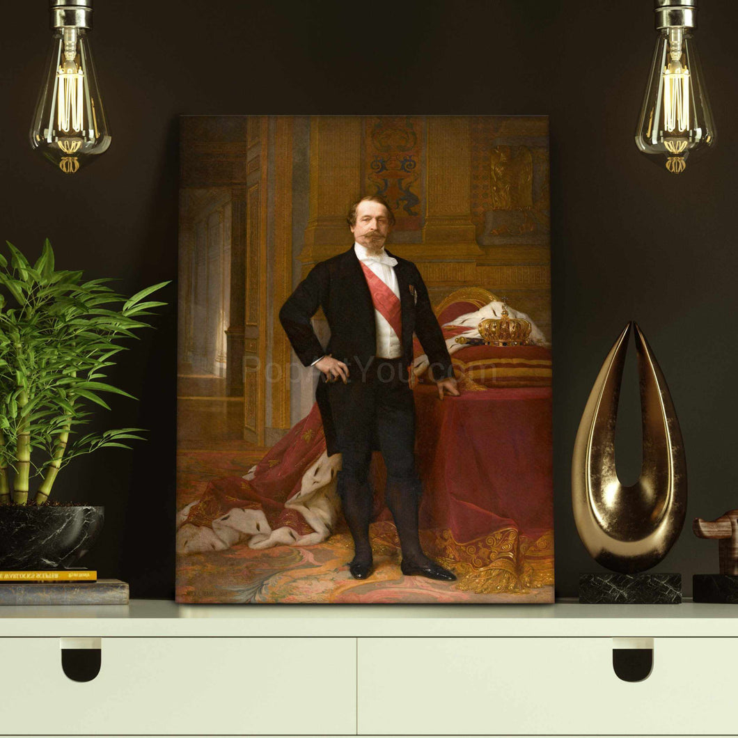 A portrait of a man dressed in renaissance regal attire stands on a white shelf next to two light bulbs