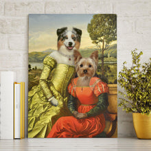 Load image into Gallery viewer, Portrait of two female friends dogs with human bodies dressed in historical royal dresses stands on a wooden table near books
