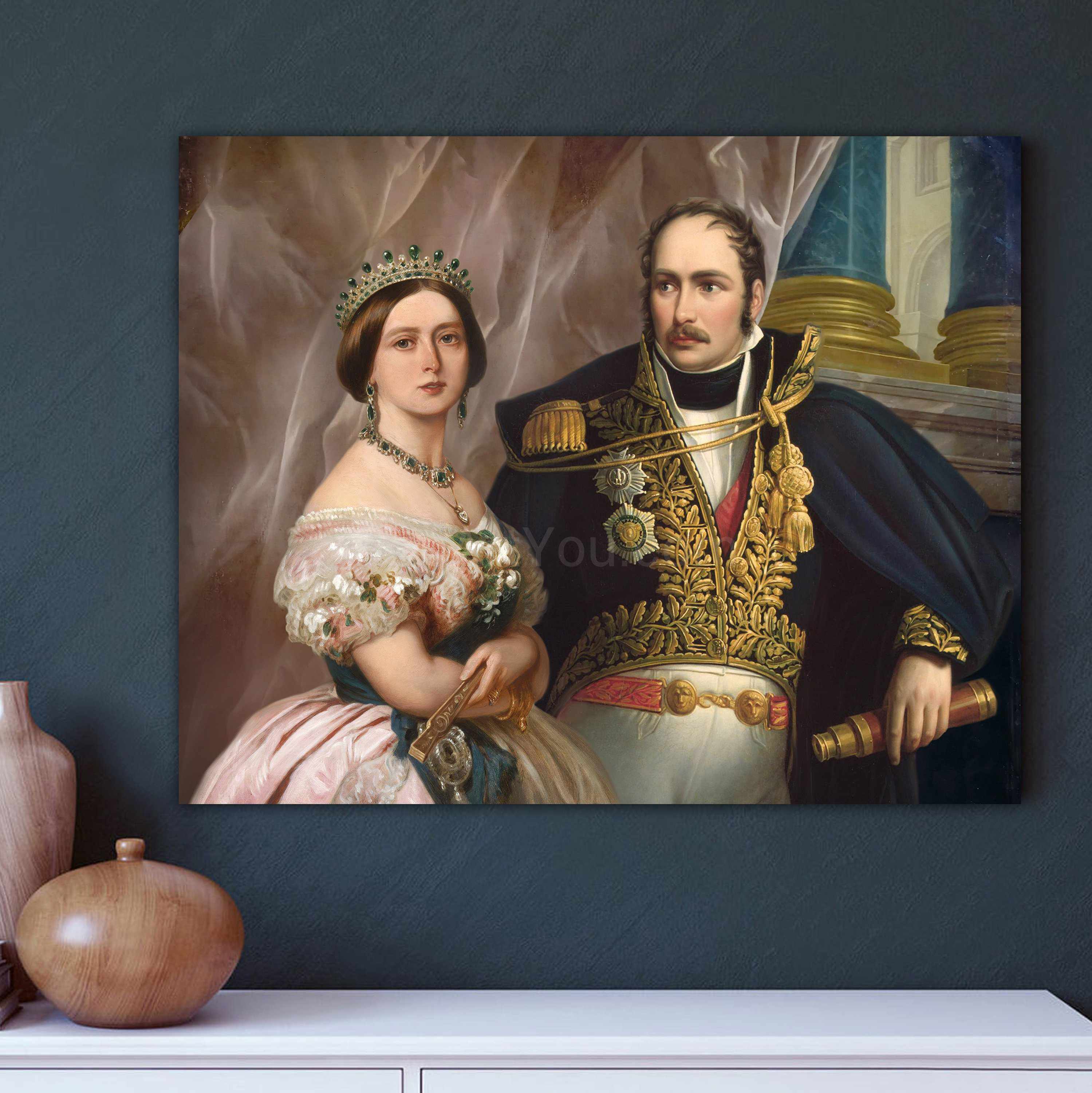 Portrait of a couple dressed in historical regal clothes hanging on a blue wall over a white table