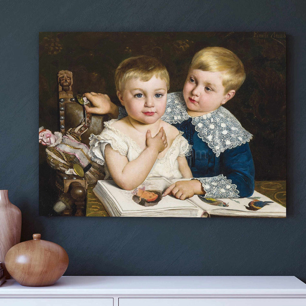 Portrait of two children dressed in historical regal attires hanging on a blue wall over a white table