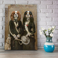 Load image into Gallery viewer, Portrait of two twin dogs with human bodies dressed in black royal dresses stands on a wooden floor near a vase of flowers
