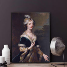 Load image into Gallery viewer, Portrait of a woman with dark hair dressed in royal clothes stands on a wooden table next to a white vase
