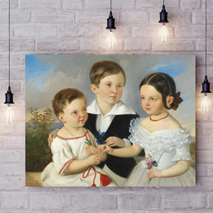 Portrait of three children dressed in historical royal clothes hanging on a white brick wall about four light bulbs