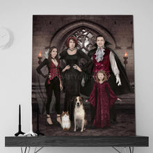 Load image into Gallery viewer, A portrait of a vampire family dressed in historical red attires stands on a black shelf
