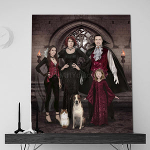 A portrait of a vampire family dressed in historical red attires stands on a black shelf