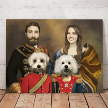 Load image into Gallery viewer, Portrait of a couple with two dogs with bodies of people dressed in historical royal attires stands on a wooden floor
