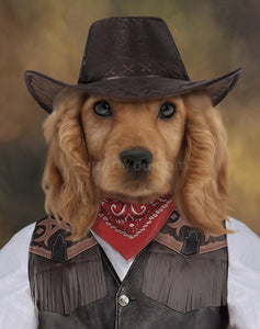 The portrait shows a dog with a human body dressed in historical clothing with a hat